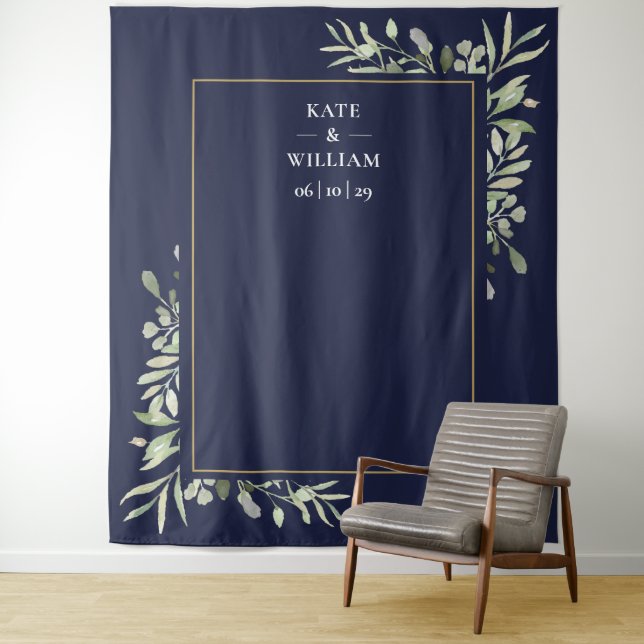 Navy Blue Greenery Wedding Photo Booth Backdrop Tapestry (In Situ)