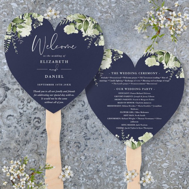 Navy Blue Greenery Wedding Program Heart Hand Fan (Navy Blue Greenery Wedding Program Heart Hand Fan)
