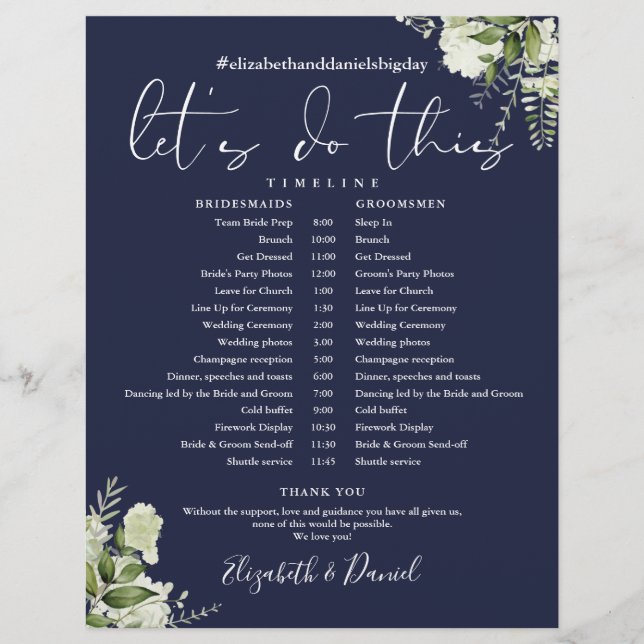 Navy Blue Greenery Wedding Schedule Timeline (Front)