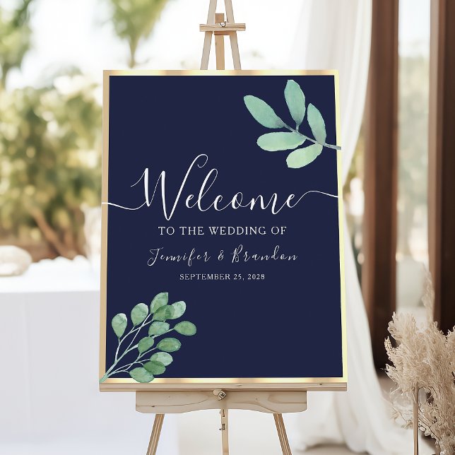 Navy Blue Greenery Wedding Welcome Poster (Creator Uploaded)