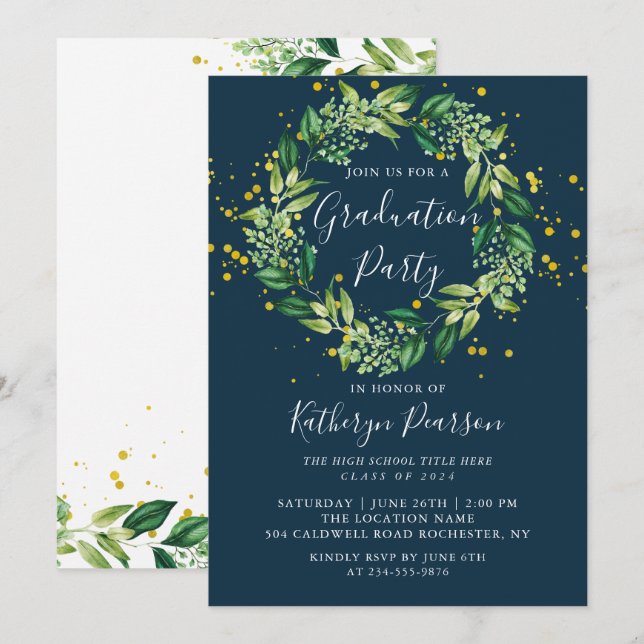 Navy Blue Greenery Wreath Gold Glitter Graduation  Invitation (Front/Back)