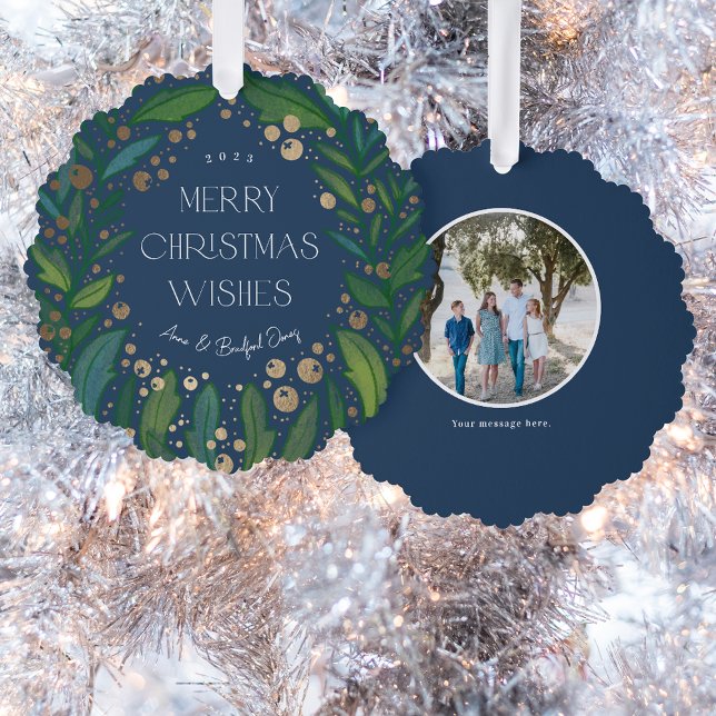 Navy Blue Greenery Wreath Merry Christmas Tree Decoration Card (navy blue ornament card with faux gold foil berried and green leafy frame around text photo on back)