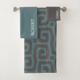 Navy blue &Grey Abstract monogram Name  Bath Towel Set
