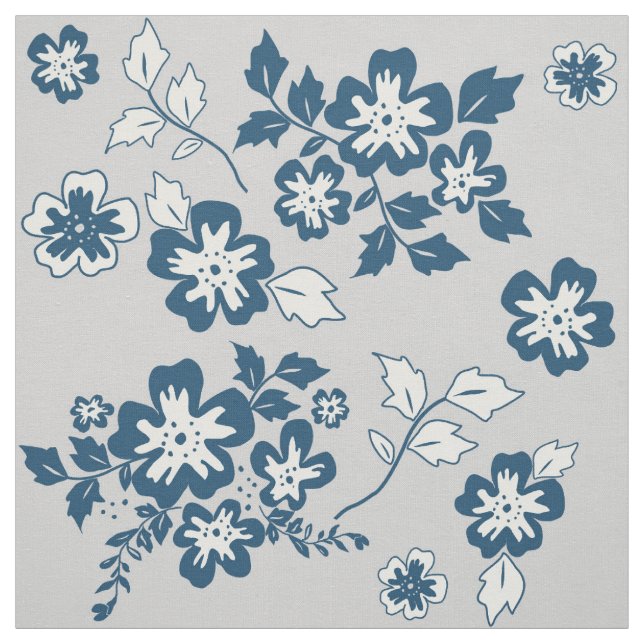 Navy Blue, Grey and White Floral Pattern Fabric (Swatch)
