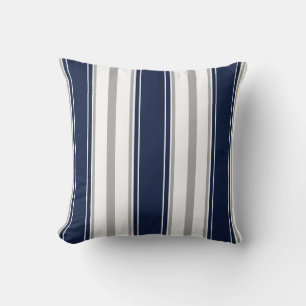 Navy Blue, Grey and White Vertical Stripes Pattern Cushion