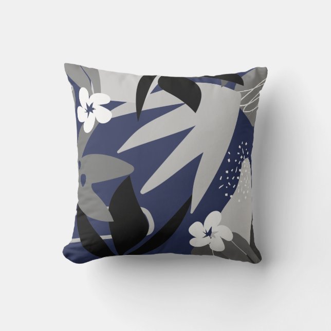 Navy Blue & Grey Artistic Abstract Floral Cushion (Front)