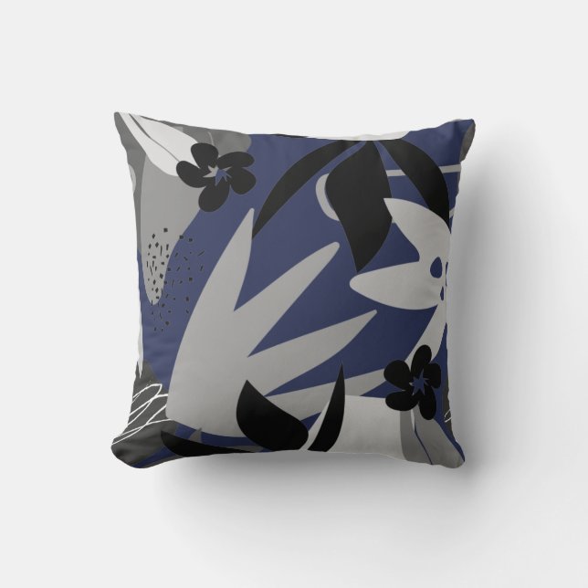 Navy Blue & Grey Artistic Abstract Leaves Cushion (Front)