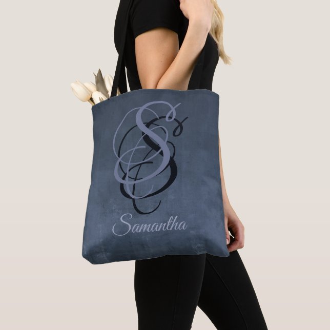 Navy Blue Grey Black rustic monogram ombre Tote Bag (Close Up)