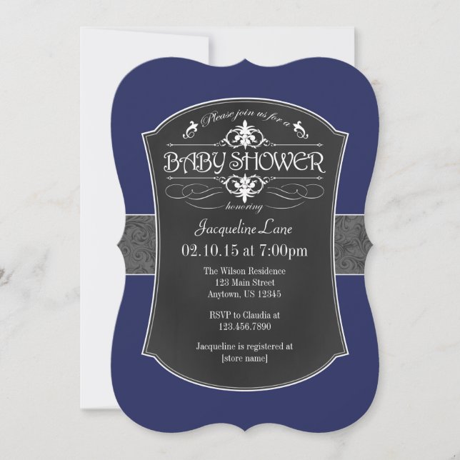 Navy Blue Grey Chalkboard Baby Shower Invitation (Front)