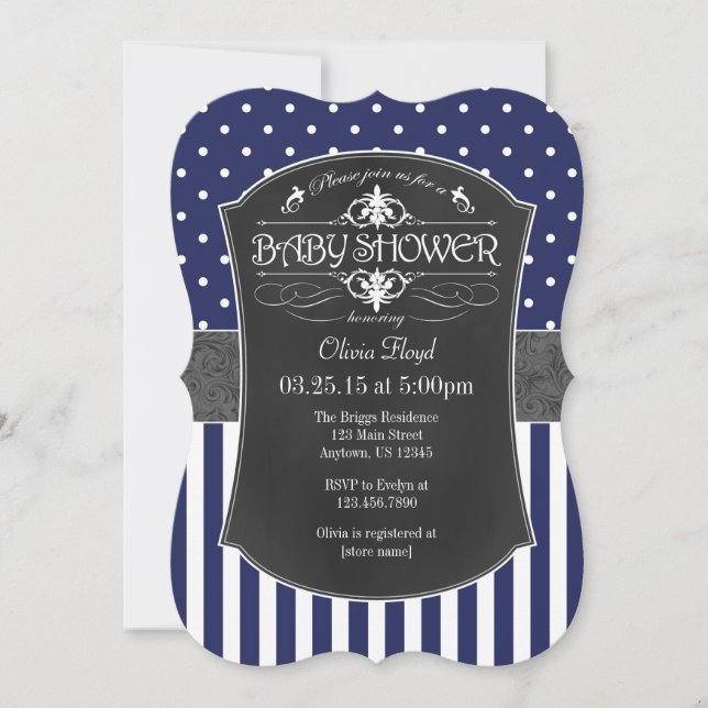 Navy Blue Grey Chalkboard Stripes Baby Shower Invitation (Front)