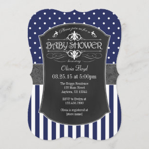 Navy Blue Grey Chalkboard Stripes Baby Shower Invitation