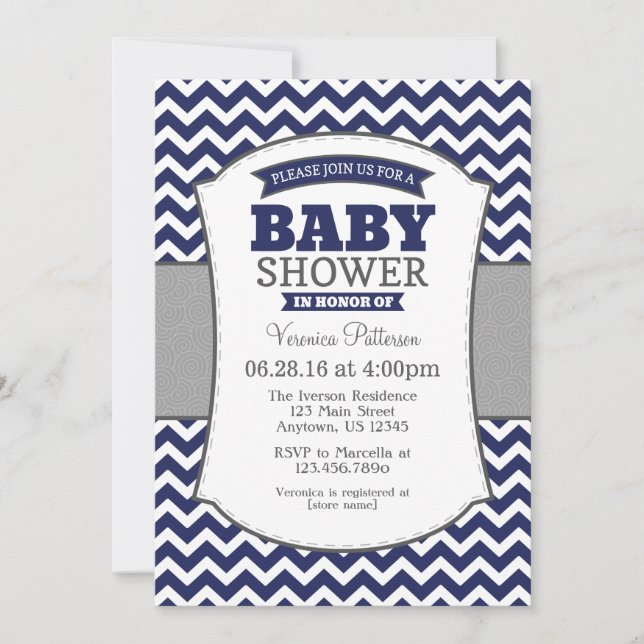 Navy Blue Grey Chevron Baby Shower Invitation (Front)
