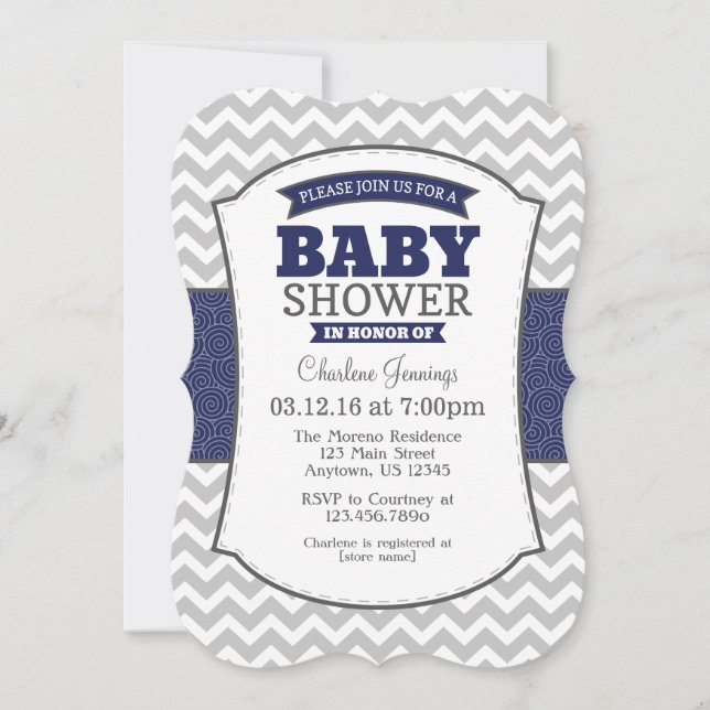 Navy Blue Grey Chevron Baby Shower Invitation (Front)