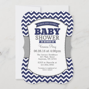 Navy Blue Grey Chevron Baby Shower Invitation