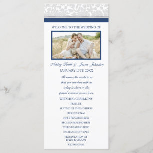 Navy Blue Grey Damask Photo Wedding Program Programme