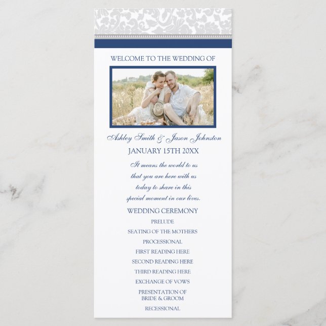 Navy Blue Grey Damask Photo Wedding Program Programme (Front)