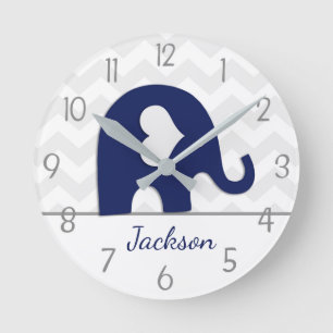 Navy Blue Grey Elephant Nursery Wall Clock