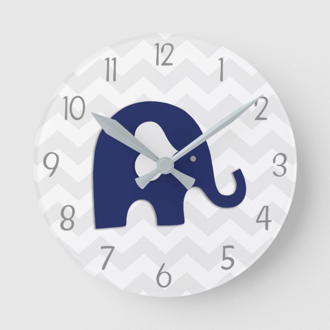 Navy Blue Grey Elephant Nursery Wall Clock (Front)