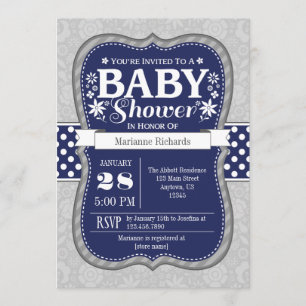 Navy Blue Grey Floral Baby Shower Invitation