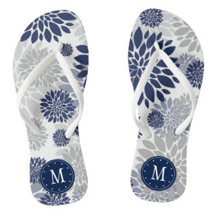 Navy Blue Grey Floral Monogram Flip Flops