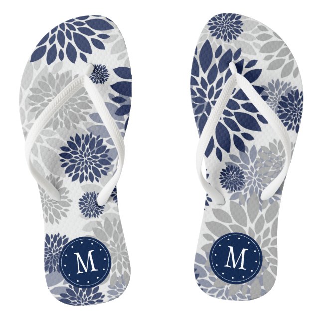 Navy Blue Grey Floral Monogram Flip Flops (Footbed)