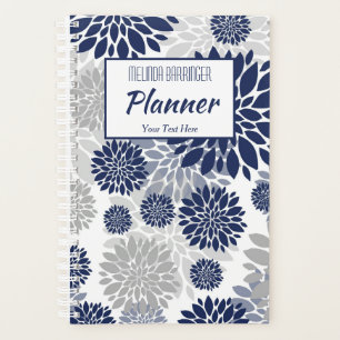 Navy Blue Grey Floral Monogram Planner