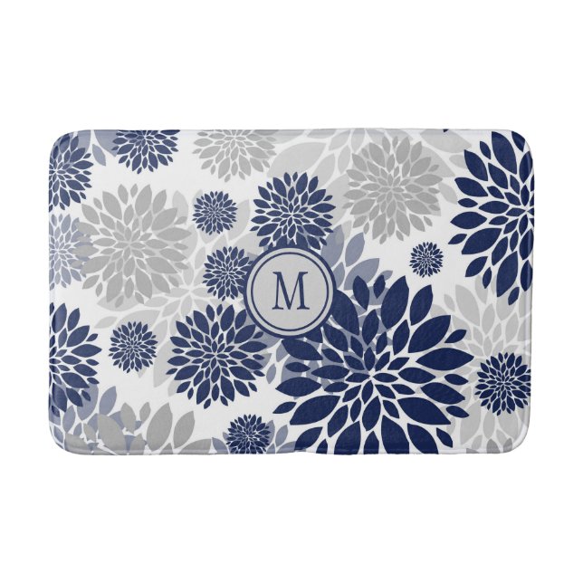 Navy Blue Grey Flower Graphic Pattern Bath Mat (Front)