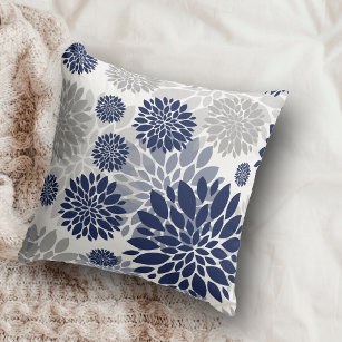 Navy Blue Grey Flower Pattern Cushion