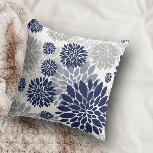Navy Blue Grey Flower Pattern Cushion