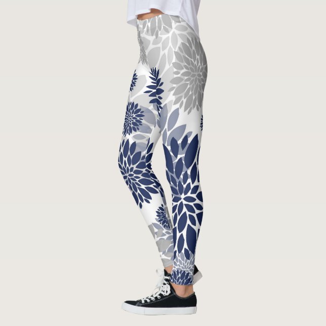 Navy Blue Grey Flower Pattern Leggings (Left)