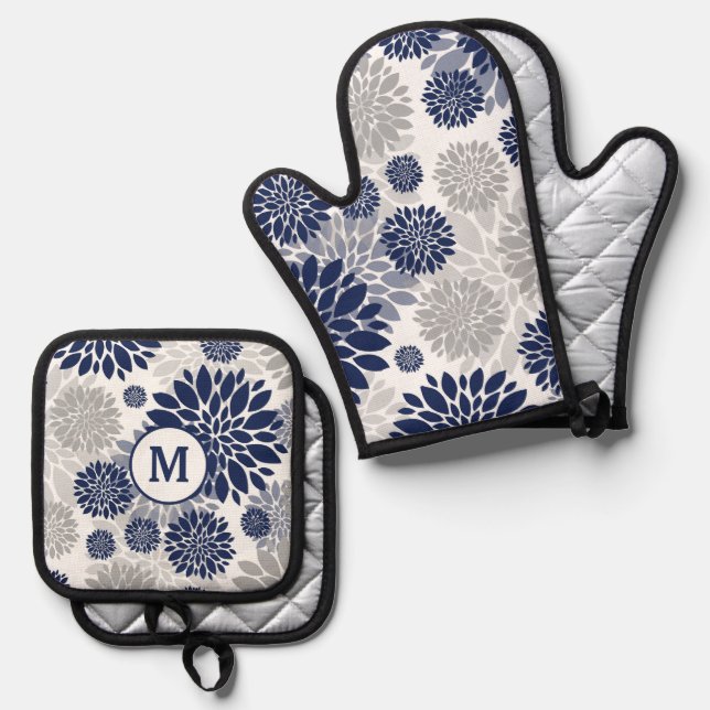 Navy Blue Grey Flower Pattern Monogram Oven Mitt & Pot Holder Set (Front/Back)