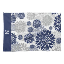 Navy Blue Grey Flower Pattern Monogram