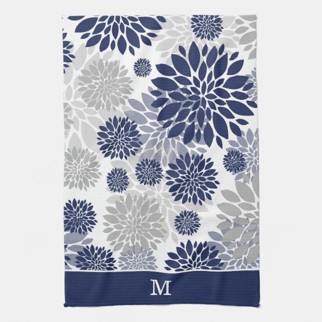 Navy Blue Grey Flower Pattern Monogram Tea Towel (Vertical)
