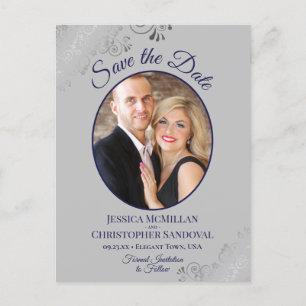 Navy Blue & Grey Lace Wedding Save the Date Photo Announcement Postcard