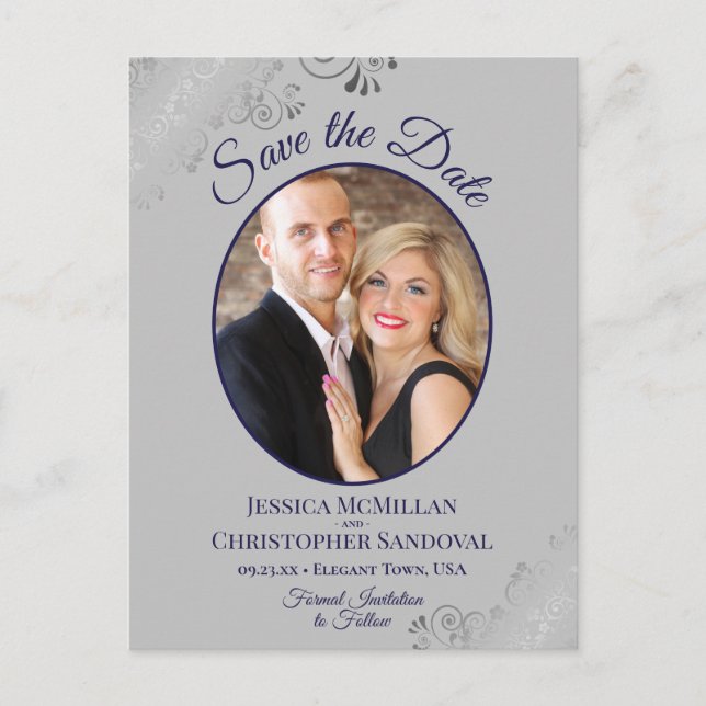 Navy Blue & Grey Lace Wedding Save the Date Photo Announcement Postcard (Front)