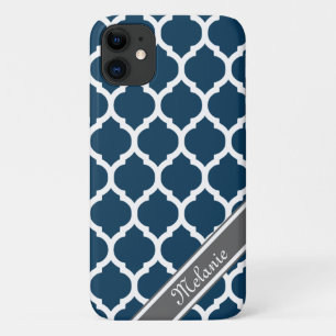 Navy Blue & Grey Lattice Custom Name iPhone 11 Case