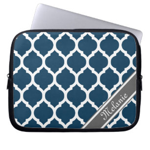 Navy Blue & Grey Lattice Custom Name Laptop Sleeve
