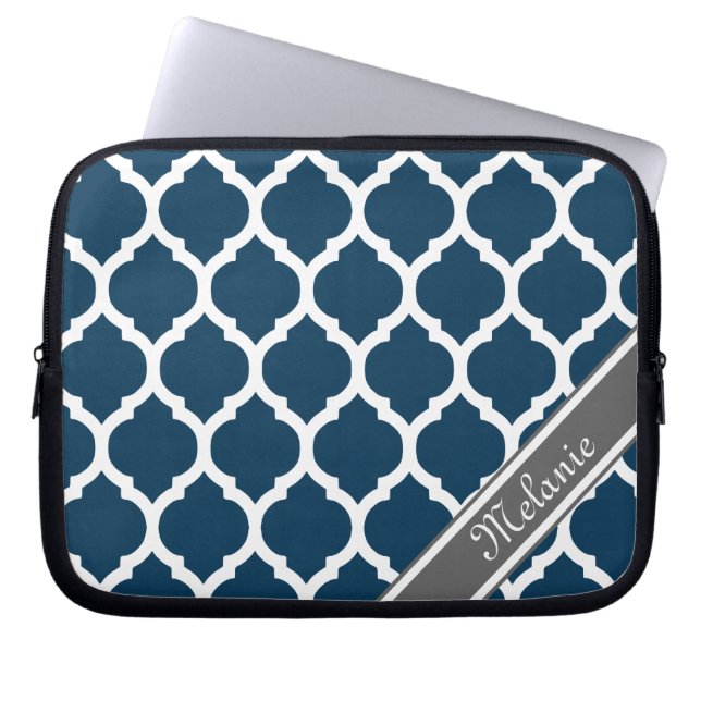 Navy Blue & Grey Lattice Custom Name Laptop Sleeve (Front)