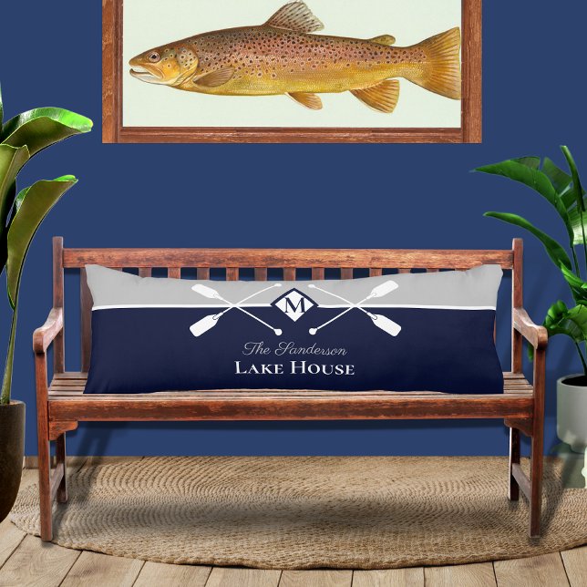 Navy Blue Grey Monogram Paddle Lake House  Body Cushion (Creator Uploaded)
