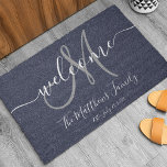 Navy Blue Grey Monogram Script Newlweds Wedding Doormat<br><div class="desc">Personalised navy blue, white and grey monogram design with bride and groom last name and wedding date on a solid colour background. Makes a unique and great gift for newlyweds. Great for new house together. Customise with your name, monogram initial and wedding date and colours to match your house colours....</div>