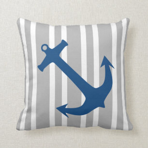 Navy Blue & Grey Nautical Anchor Striped Pillow