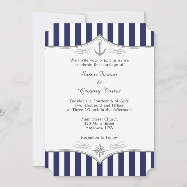 Navy Blue Grey Nautical Wedding Invitation (Front)