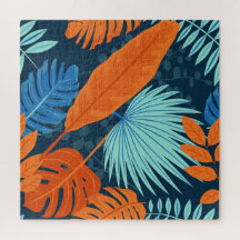 Navy Blue Grey Orange watercolor Flower Pattern