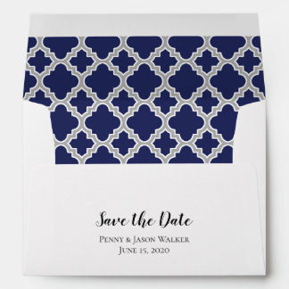 Navy Blue Grey Quatrefoil Save The Date Envelope