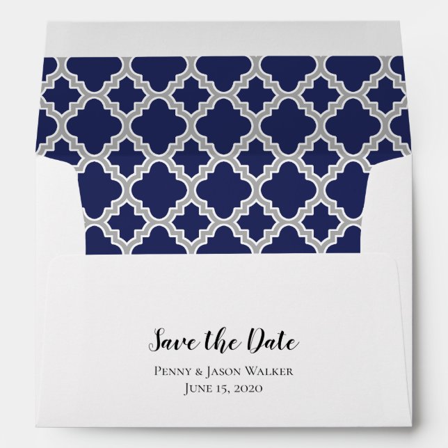Navy Blue Grey Quatrefoil Save The Date Envelope (Back (Bottom))