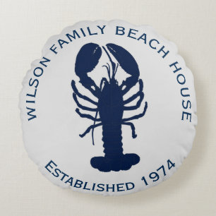 Navy Blue Grey Round Lobster Beach House Pillow
