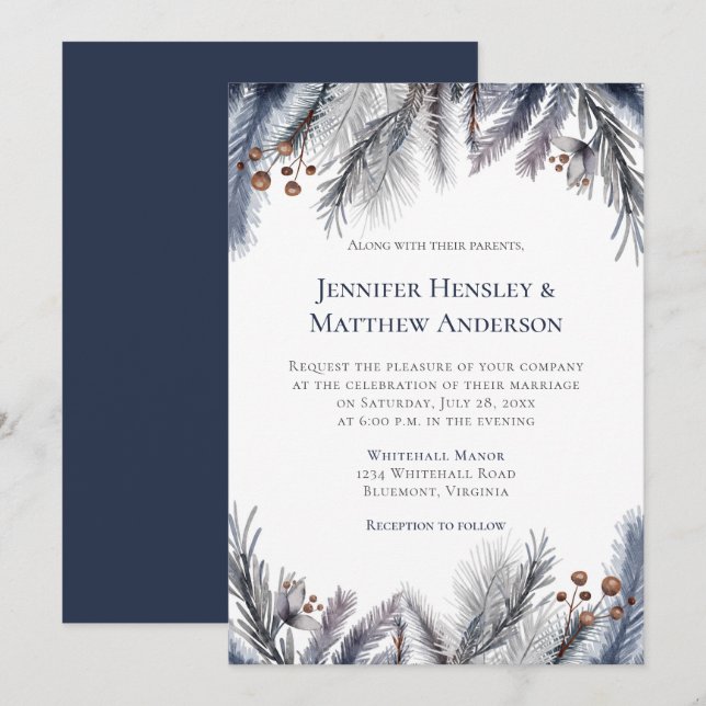 Navy, Blue Grey, Rusty Brown Winter Botanical Invitation (Front/Back)