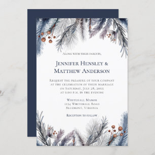 Navy, Blue Grey, Rusty Brown Winter Botanical Invitation