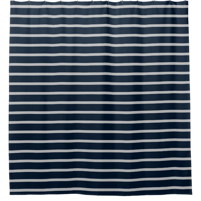 Navy Blue Grey Stripe Shower Curtain (Front)