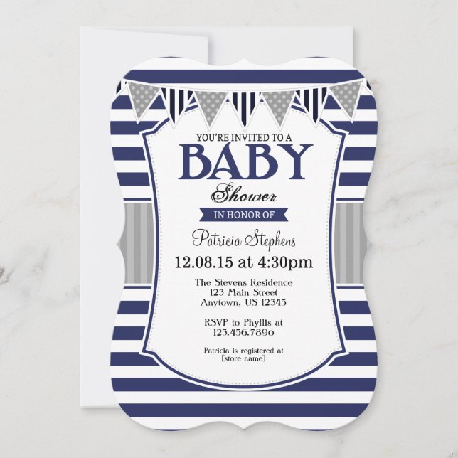 Navy Blue Grey Stripes Baby Shower Invitation (Front)